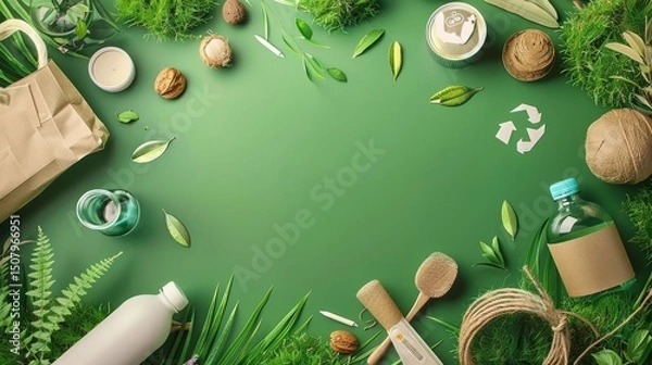 Fototapeta Sustainable Living Concept with Eco-Friendly Products – Green Lifestyle and Zero Waste Design for Branding and Marketing