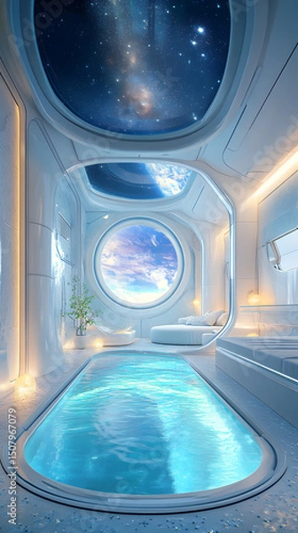 Obraz Futuristic bedroom interior featuring a glowing pool, starry sky ceiling, and Earth-view window.