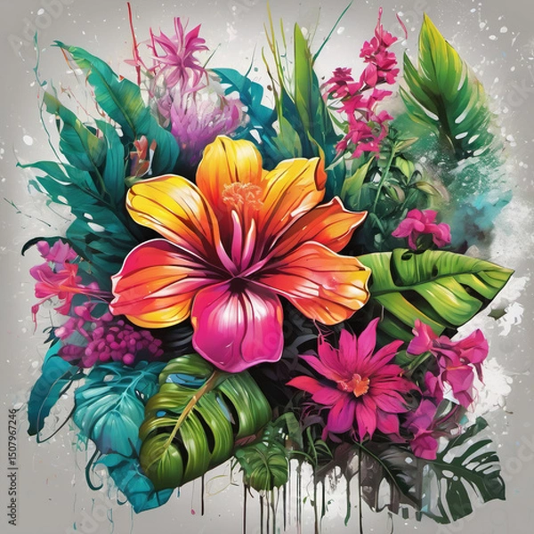 Obraz Spray Paint Botanical Illustration of Plants and Flowers