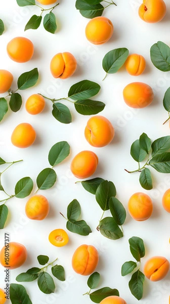 Obraz High-resolution image of fresh apricots with green leaves isolated