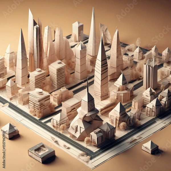 Obraz Futuristic Origami Metropolis in Orthographic View on 35mm Film