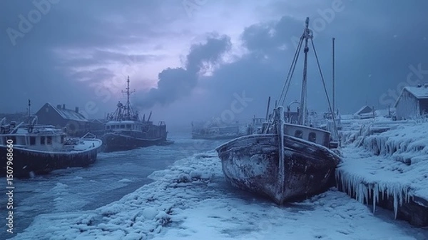 Fototapeta Aurora shimmering over a snow-covered harbor where boats are encased in frost and ice, Generative AI