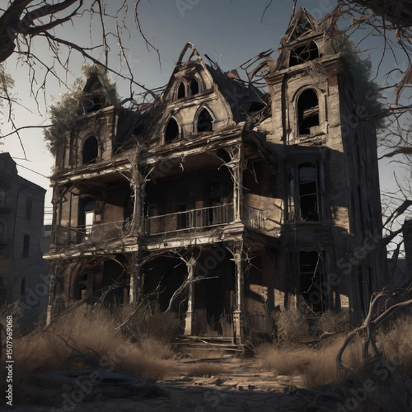 Obraz Gothic Deserted Ghost Town with Glassblowing Art �C Dark Fantasy Landscape