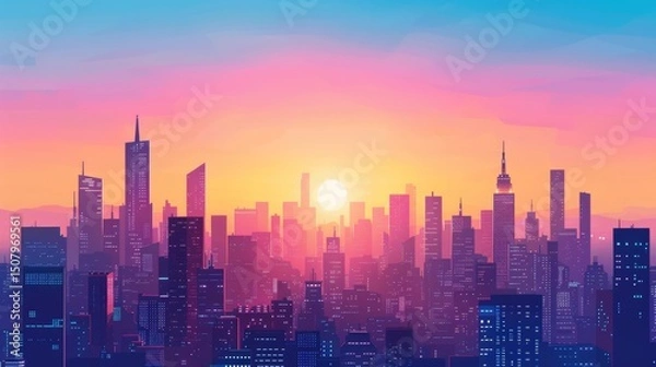Fototapeta Futuristic Cityscape at Sunrise – High-Tech Sci-Fi Metropolis with Neon Lights and Modern Architecture