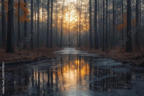 Fototapeta Frozen creek weaving through a dense pine forest bathed in soft morning sunlight, Generative AI
