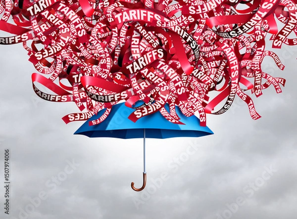 Fototapeta Protection From Tariffs as an An umbrella that shields against import and export tariff taxes as a trade war storm increasing prices and straining supply chains as a business metaphor.