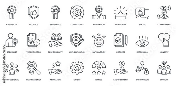 Obraz Credibility icon set. Containing  reliable, believable, consistency, reputation, track record, professional, loyalty. Outline style