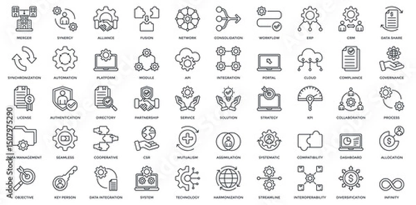 Obraz Business Integration icon set. Containing merger, synergy, alliance, network, workflow, ERP, CRM. Outline style