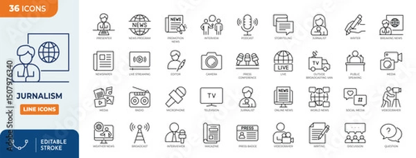Obraz Journalism line editable icon set. Containing journalist, press, news, reporter, podcast, microphone, interview, newspaper, and more. Editable stroke. vector illustration