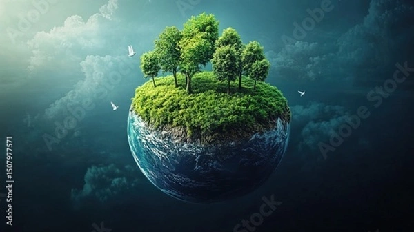 Fototapeta A futuristic Earth where every business follows 100% green energy policies 