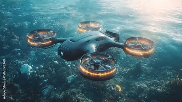 Fototapeta A futuristic drone cleaning plastic from the ocean with high-tech lasers 