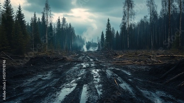 Fototapeta A forest destroyed by illegal dumping, with blackened soil and dead trees 