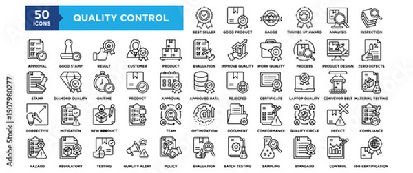 Fototapeta 50 Quality Control icon set. Containing design Defect Detection, Compliance Check, Control Chart, ISO Certification, Material Inspection	