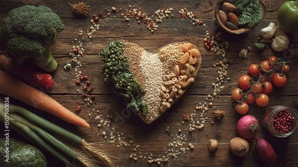 Obraz Assortment of healthy foods arranged in a heart shape, symbolizing love for nutritious eating and wellness.