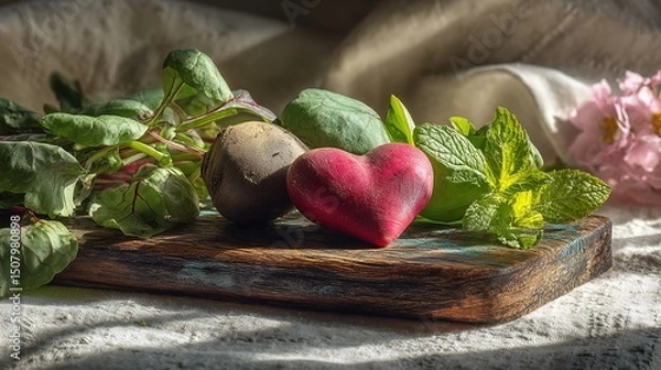 Obraz Assortment of healthy foods arranged in a heart shape, symbolizing love for nutritious eating and wellness.