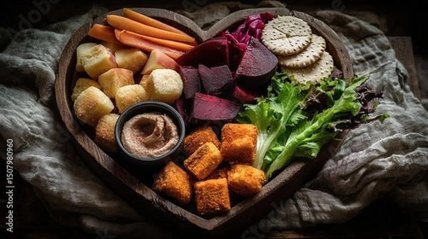 Obraz Assortment of healthy foods arranged in a heart shape, symbolizing love for nutritious eating and wellness.