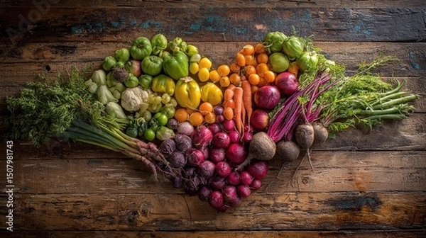 Obraz Assortment of healthy foods arranged in a heart shape, symbolizing love for nutritious eating and wellness.