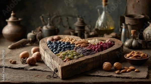 Obraz Assortment of healthy foods arranged in a heart shape, symbolizing love for nutritious eating and wellness.