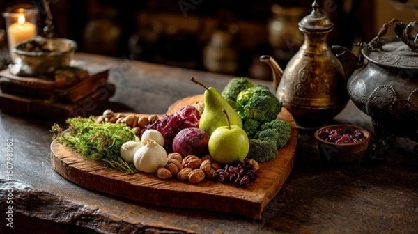 Obraz Assortment of healthy foods arranged in a heart shape, symbolizing love for nutritious eating and wellness.