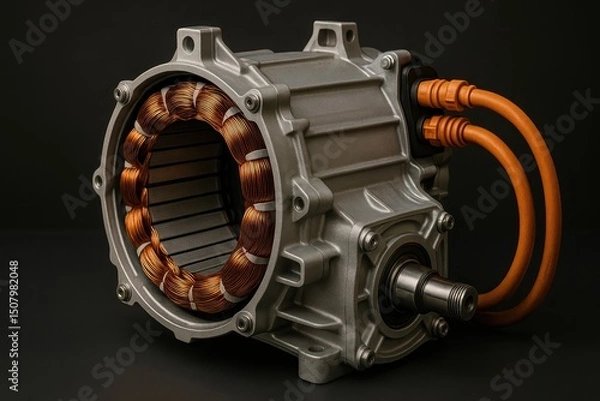 Obraz Detailed Close Up of an Electric Motor with Copper Windings and Aluminum Casing on a Dark Background