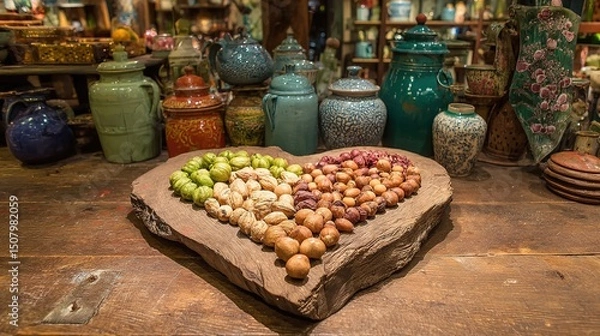 Obraz Assortment of healthy foods arranged in a heart shape, symbolizing love for nutritious eating and wellness.