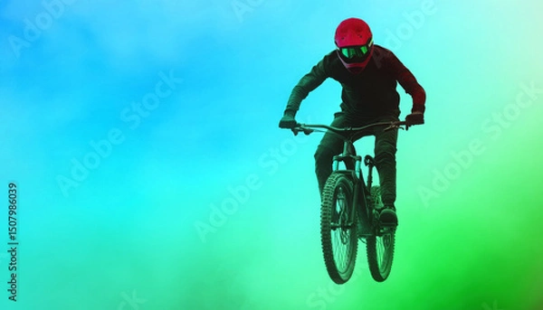 Fototapeta Action shot of a cyclist performing a jump in vibrant colors.