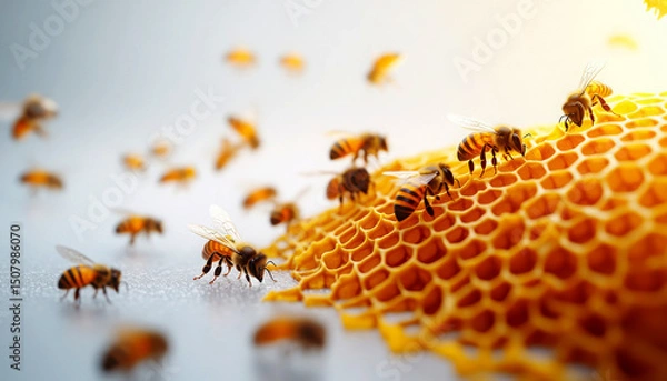 Fototapeta Close-up of bees working on a honeycomb under natural light.