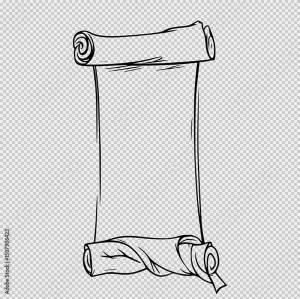 Obraz Simple Black and White Line Drawing of an Ancient Scroll with Blank Space for Text, Clean Outline Design on White Background, Ideal for Coloring Pages, Stickers, or Graphic Projects
