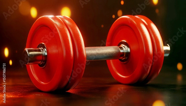 Fototapeta Vibrant red dumbbell on a dark background with glowing bokeh effect.