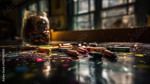 Obraz Colorful crayons scattered near blackboard, a playful burst of creativity in learning	
