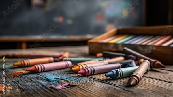 Obraz Colorful crayons scattered near blackboard, a playful burst of creativity in learning	
