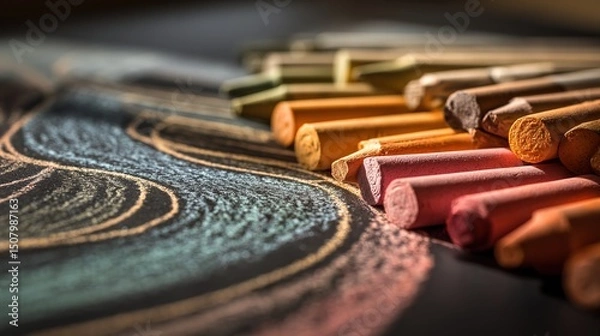 Obraz Colorful crayons scattered near blackboard, a playful burst of creativity in learning	
