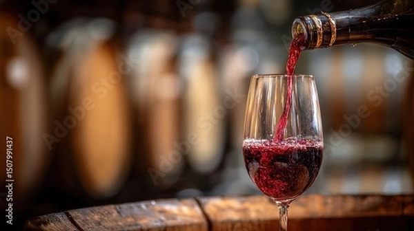 Obraz Red wine pouring into a glass, capturing the rich essence of indulgence.	