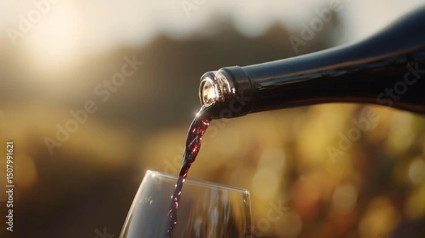 Obraz Red wine pouring into a glass, capturing the rich essence of indulgence.	