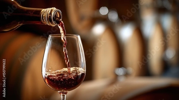 Obraz Red wine pouring into a glass, capturing the rich essence of indulgence.	