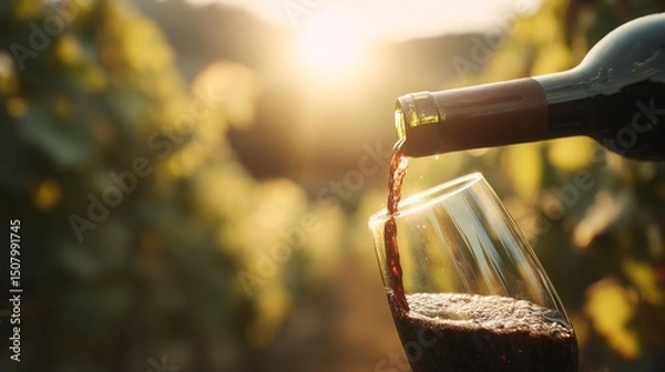 Obraz Red wine pouring into a glass, capturing the rich essence of indulgence.	