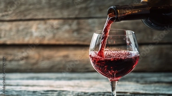 Obraz Red wine pouring into a glass, capturing the rich essence of indulgence.	
