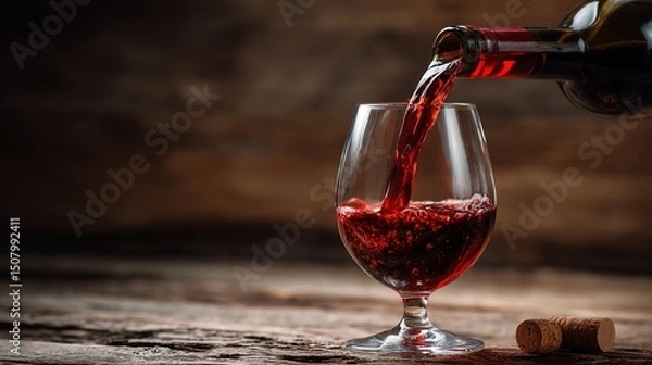 Obraz Red wine pouring into a glass, capturing the rich essence of indulgence.	