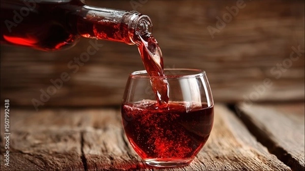 Obraz Red wine pouring into a glass, capturing the rich essence of indulgence.	