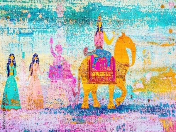 Fototapeta Colorful procession of figures on an elephant