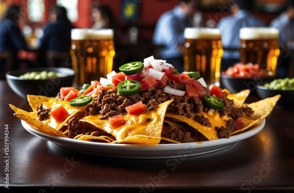 Obraz delicious plate of loaded nachos with toppings served in a lively bar