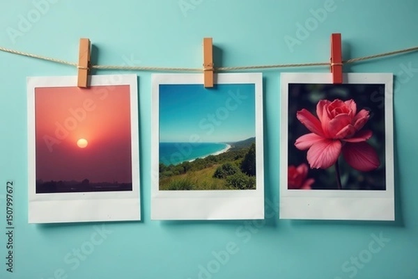 Fototapeta Close-up of three pinned polaroids; varied angles, illustration, object, film