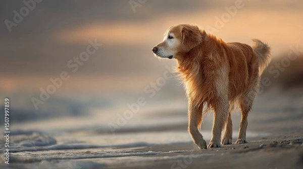 Obraz Golden retriever strolling in sunset light, side profile with soft fur, warm glow. Peaceful moment of canine grace.	