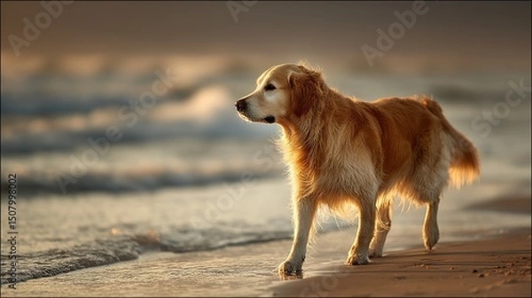 Obraz Golden retriever strolling in sunset light, side profile with soft fur, warm glow. Peaceful moment of canine grace.	