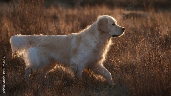 Obraz Golden retriever strolling in sunset light, side profile with soft fur, warm glow. Peaceful moment of canine grace.	