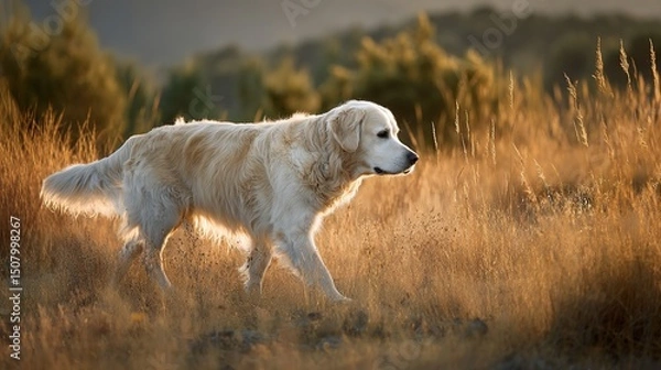 Obraz Golden retriever strolling in sunset light, side profile with soft fur, warm glow. Peaceful moment of canine grace.	