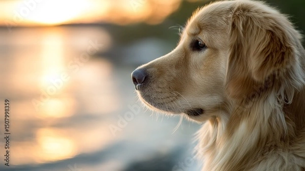 Obraz Golden retriever strolling in sunset light, side profile with soft fur, warm glow. Peaceful moment of canine grace.	
