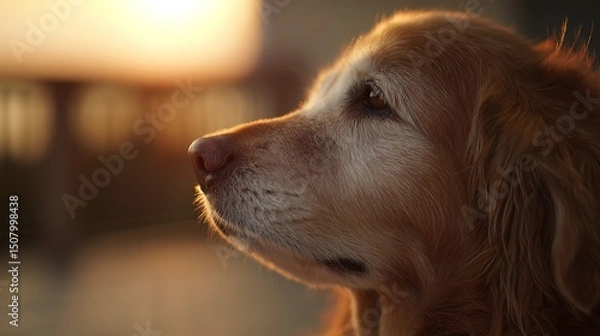 Obraz Golden retriever strolling in sunset light, side profile with soft fur, warm glow. Peaceful moment of canine grace.	