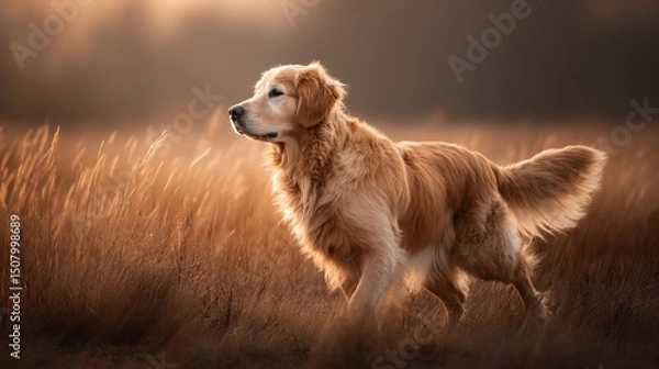 Obraz Golden retriever strolling in sunset light, side profile with soft fur, warm glow. Peaceful moment of canine grace.	