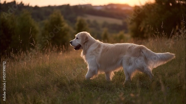 Obraz Golden retriever strolling in sunset light, side profile with soft fur, warm glow. Peaceful moment of canine grace.	